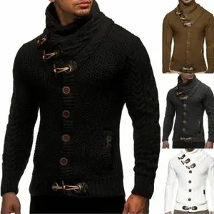 Men's cardigan wool sweater - autumn and winter slim fit high neck single breasted knit sweater - casual chino and patterned T-shirt layered hero