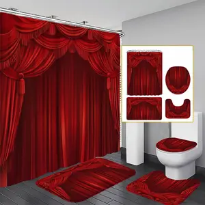 1/3/4PCS Red Velvet Curtain Shower Curtain set, Sumptuous Drapery Decor, Accessories with Bath Mat, U-shaped Mat, Toilet Lid Cover, 12 Hooks 180x180cm Curtain, Velvet Opulence, Home Decor, bathroom accessories.