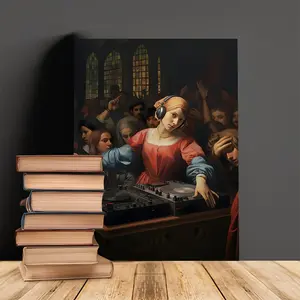 Humorous DJ Techno EDM House Canvas Wall Art with Wooden Frame - Vibrant Historical Scene Decoration for Living Room, Bedroom, Party - Unique Gift Idea, Easy to Hang, Bedroom Artwork|Holiday Wall Art|Easy to install, music room decoration