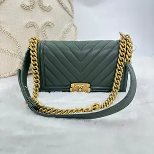 Pre-owned CHANEL Boy Bag Dark Green Chevron Classic Style Versatile for Various Occasions Eye catching Design