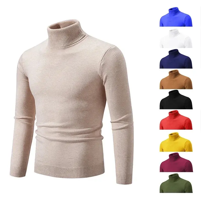 Men's High-Neck Warm Knit Striped Polyester Pullover, Menswear Turtleneck Top for Casual Wear