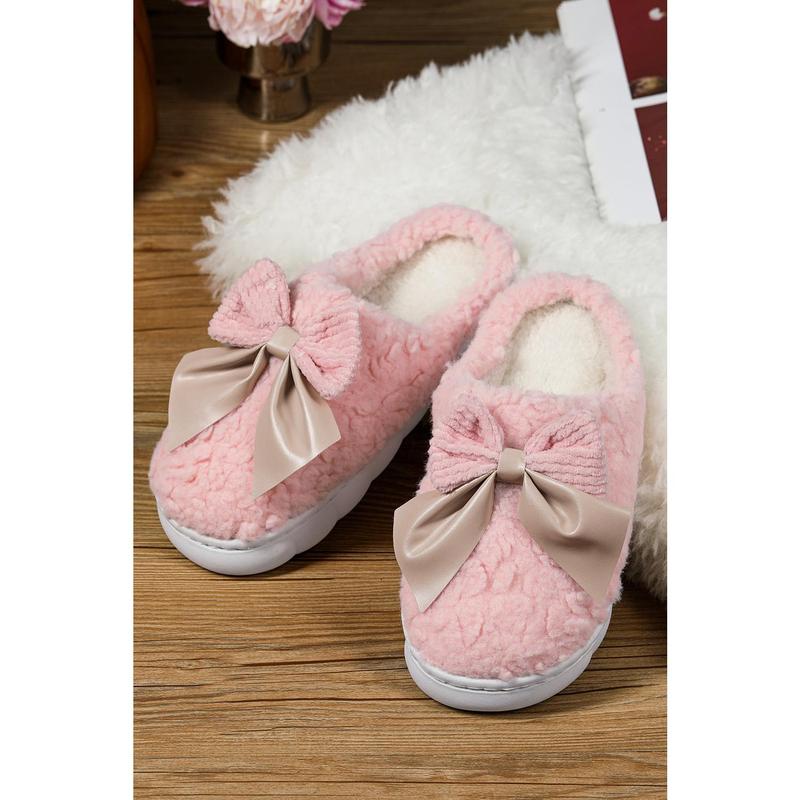 White Contrast Bowknot Applique Plush Winter Slippers