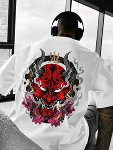 Mens Graphic Tee Japanese Oni Demon Face Print Cultural Design Casual T Shirt Streetwear Style Crewneck Short Sleeve Soft Cotton Breathable Loose Fit Daily Wear Cosplay Trendy Aesthetic Fashion