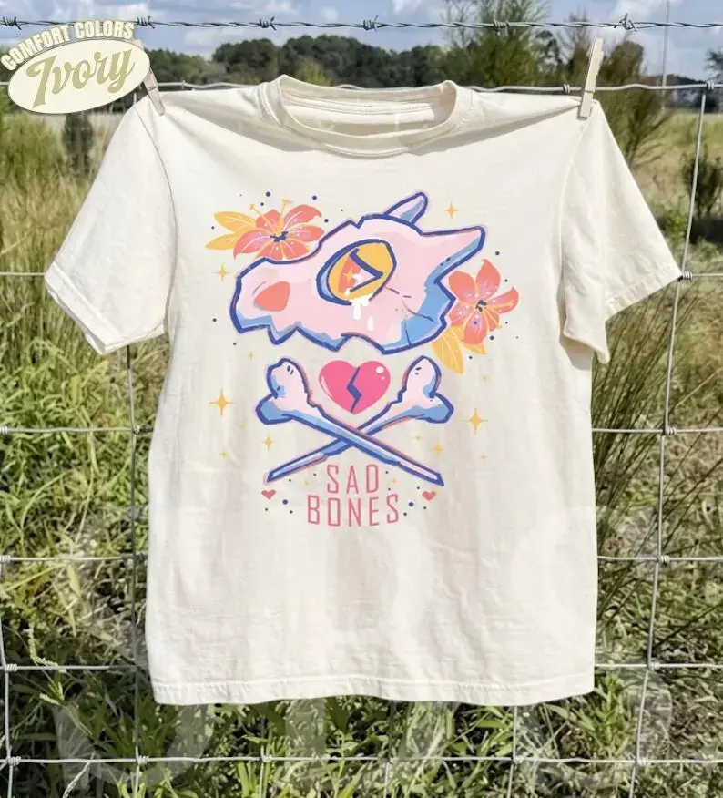 Pokemon Sad Bones Graphic T-Shirt Cute Cubone Skull Anime Tee Comfort Colors Aesthetic Streetwear Merch