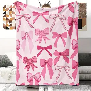 Preppy Style Digital Print Bowknot Flannel Throw Blanket - Cozy Comfort For Bed, Sofa, Office Nap, Airplane Travel, And Outdoor Camping - All Seasons Multipurpose Soft Knitted Polyester Blanket