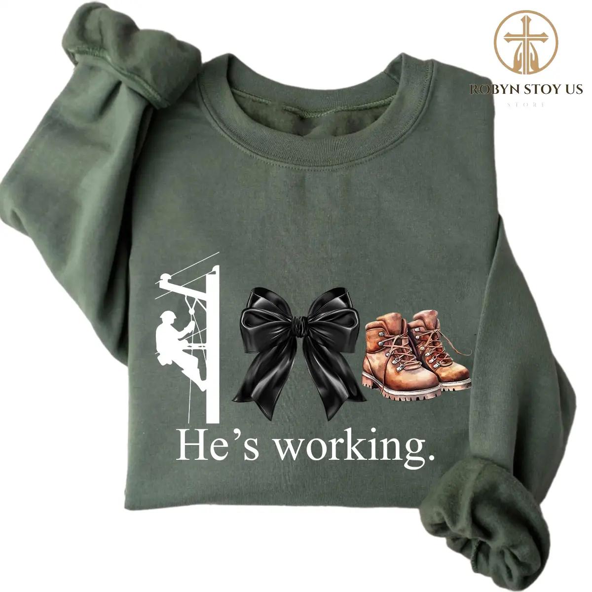 Blue Collar Lineman He's Working Sweatshirt, Electrician Girlfriend Gift, Blue Collar Wife Sweater, Lineman Wife Gift, Coquette Bow Shirt Classic Cotton Fabric