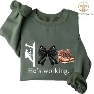Blue Collar Lineman He's Working Sweatshirt, Electrician Girlfriend Gift, Blue Collar Wife Sweater, Lineman Wife Gift, Coquette Bow Shirt Classic Cotton Fabric