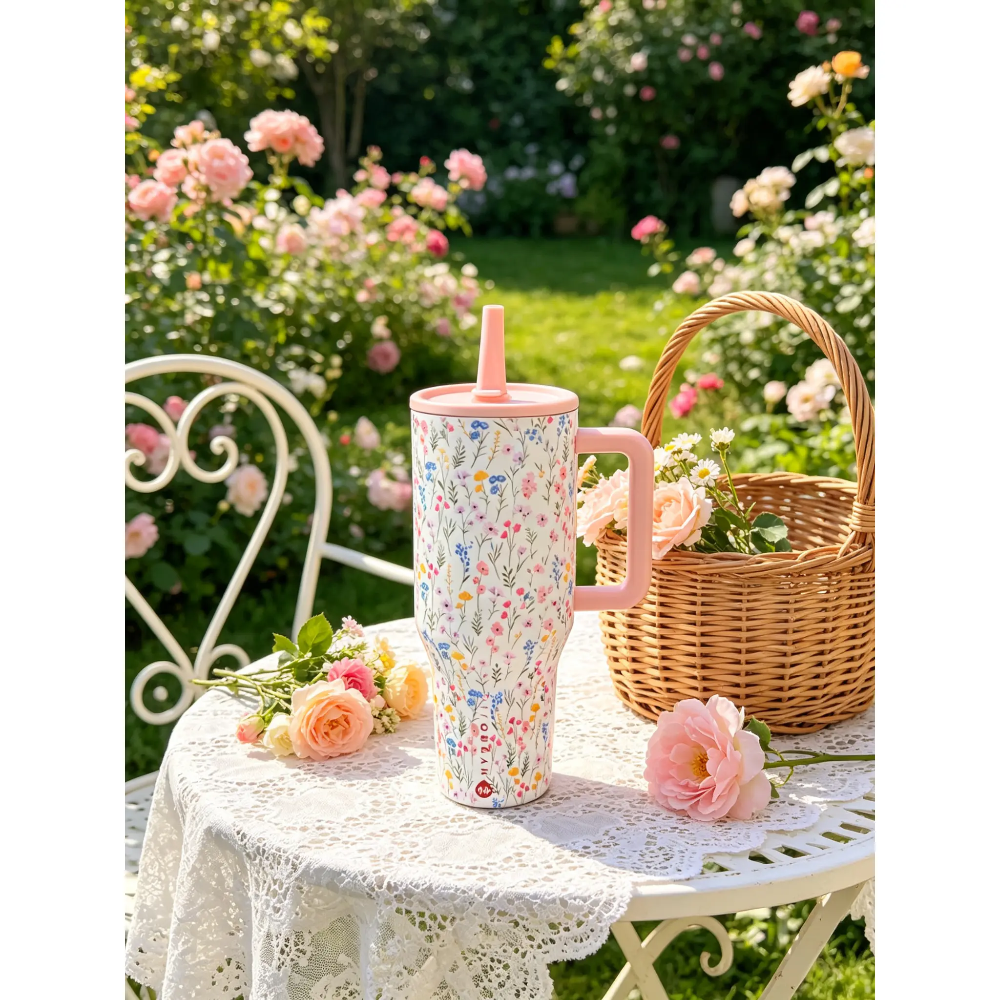 Hydro Flask 40oz Vacuum Insulated Stainless Steel Tumbler - Fresh Pink Floral Wildflowers Print, Leak-Proof Large Capacity Water & Iced Drink Cup, Women's Bookish Gift Idea