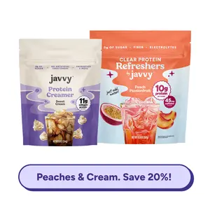 Javvy Peaches & Cream TikTok Exclusive Bundle - Peach Passionfruit Clear Protein Refresher + Sweet Cream Protein Creamer - 10g + 11g Protein, 45mg Caffeine, 0g Sugar, Fiber, Electrolytes & MCTs, Naturally Flavored, Just Add Water