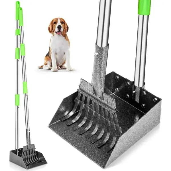 Dog Pooper Scooper, Long Handle Pooper Scooper with Stainless Steel Tray & Rake, Heavy Duty Metal Dog Poop Scooper for Grass, Gravel & Dirt, Pet Waste Scooper for Small & Medium Dogs
