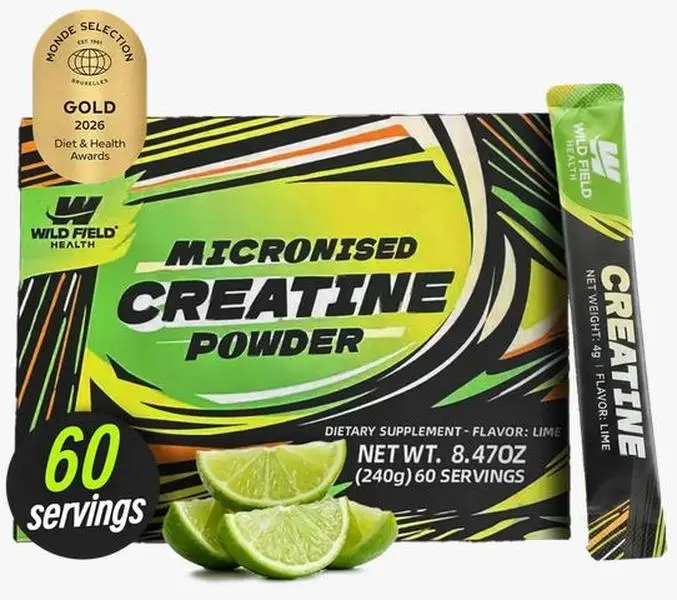 WILD FIELD HEALTH Micronized Creatine Monohydrate 3-in-1 Stickpacks - 3000mg Pure Creatine + Mineral (Zinc + Magnesium), Prop 65 Safe Portable Fitness Dietary Supplement Powder for Muscle Growth, Energy - Lime Flavor - 60 Servings