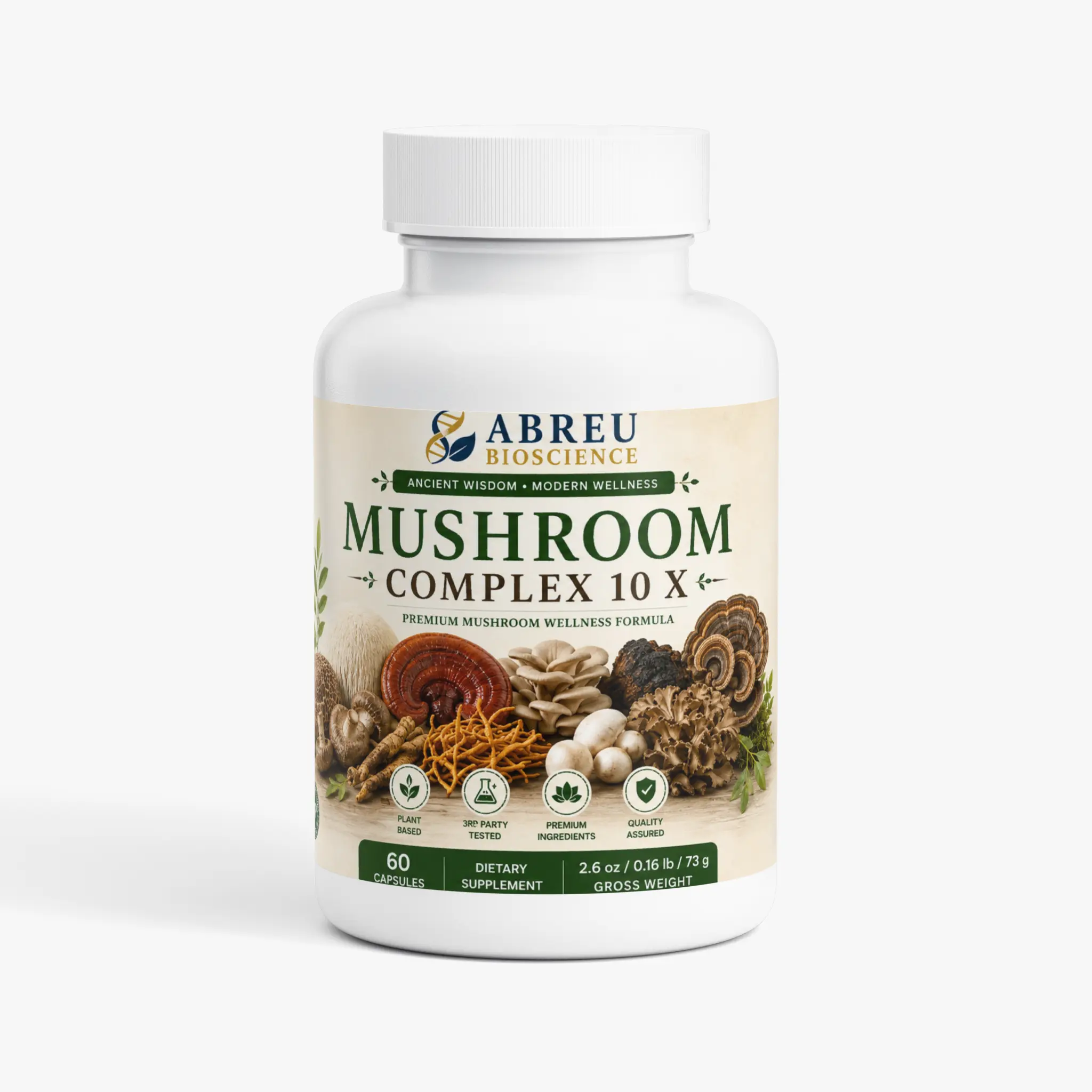 Abreu BioScience Mushroom Complex 10X - Herbal Supplement for Cognitive Support & Focus, Energy & Endurance, Immune System Defense