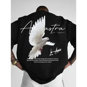 Men'S Round Neck American Street Letter Loose T-Shirt with Dove of Peace Graphic, Knit Fabric, Summer Style, Adult Casual Wear, Casual Streetwear | Casual Comfort Tee | Knit Texture, T Shirt