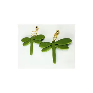 Olive Green Dragonfly Dangle with Gold Ball Stud Earrings-Crafting By BB