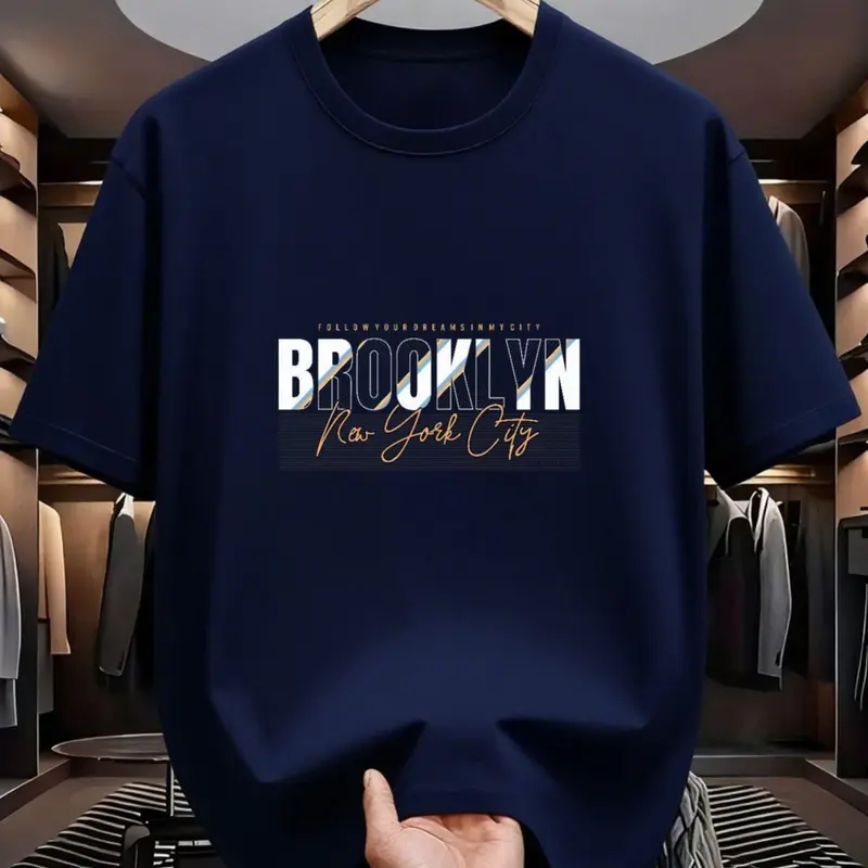 Unisex Retro Brooklyn NYC Heavy Cotton Sports Top - 180g 100% Cotton, Round Neck, Elastic Design, Relaxed Loose Baggy Fit, Striped Mixed Fonts Letter Print, Cargo-Inspired Street Style, Eco-Friendly Water-Based Ink, Normal Type, for NYC Fans, Size M