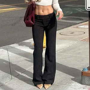 Striped slim-fit fashion pants for women — low-rise, form-fitting casual trousers with a wide leg for street style, designed for tall women, made from comfortable fabric