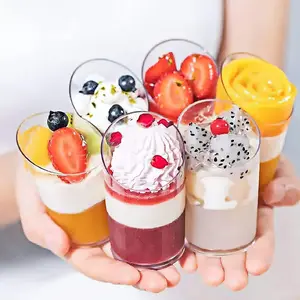 6pcsTransparent plastic slanted dessert cups, disposable mini mousse cups, reusable appetizer parfait cups, suitable for puddings, ice cream, jellies, parties, weddings, birthdays, and catering.