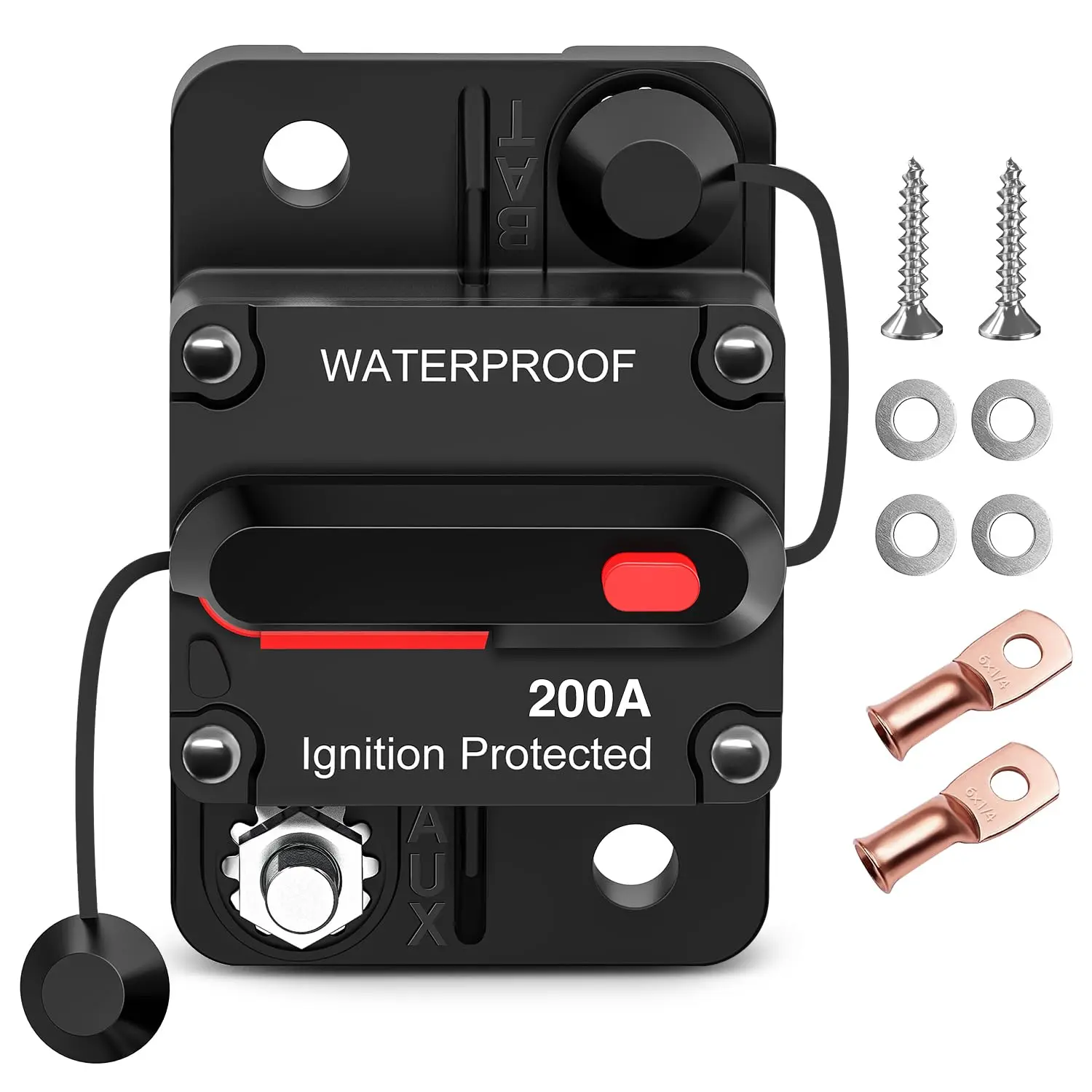 Nilight 200A Resettable Circuit Breaker Protector Switch - 12-48V DC Manual Reset, Copper Wire Lugs, Surface Mount, Phenolic Plastic, Waterproof for Car Audio Amplifiers, Boat, ATV, RV, Marine DC Power Supplies