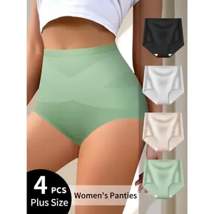 QUASTI 4/8 Pack Plus Size High-Waist Cotton Briefs for Women, Soft & Breathable Tummy Control Panties, Hip-Lifting Underwear Set, Elegant Solid Color Fashion Ladies Panty, Comfortable Daily Wear, 0XL-5XL