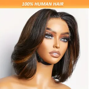 Fashion New Bob Wigs Human Hair Highlight Brown Human Hair Wigs 4x4 Lace Closure Human Hair Wigs 150% Density Body Wave Lace Wigs Pre-Plucked with Baby Hair Styling Versatility Full Voluminous Wig Caramel Brown Color Short Glueless Bob Wigs Brazilian Hair