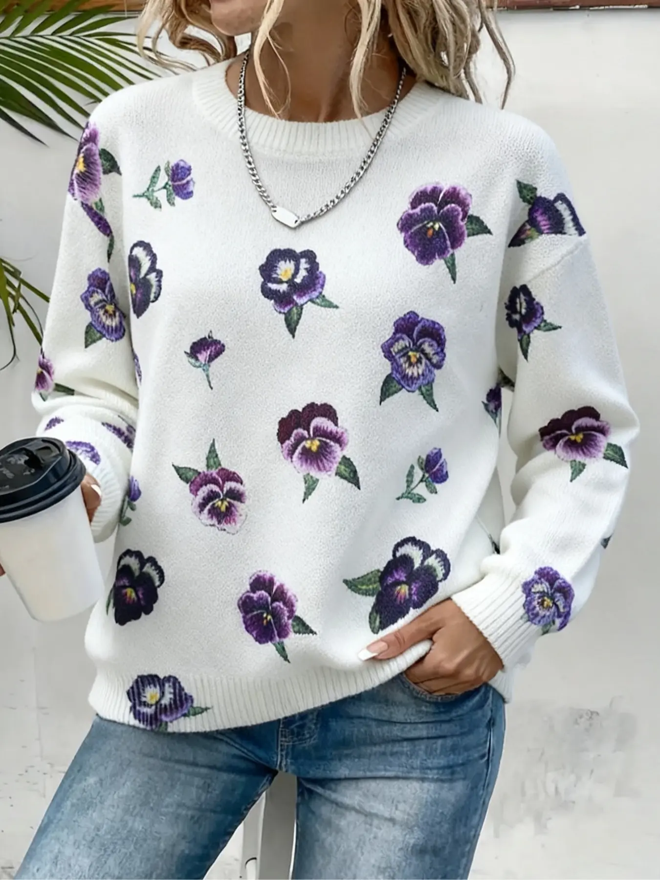 Women's Casual Loose-Fit Knitted Sweater, Round Neck Three-Color Pansy Floral Print Pullover, Fall Winter Outdoor Wear