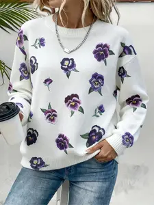 Women's Casual Loose-Fit Knitted Sweater, Round Neck Three-Color Pansy Floral Print Pullover, Fall Winter Outdoor Wear