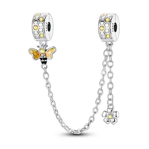 MULA S925 silver-plated bee honeycomb safety chain clip-on charm, flower and insect design, compatible with Pandora bracelets and necklaces, the first choice for women's birthday and holiday gifts