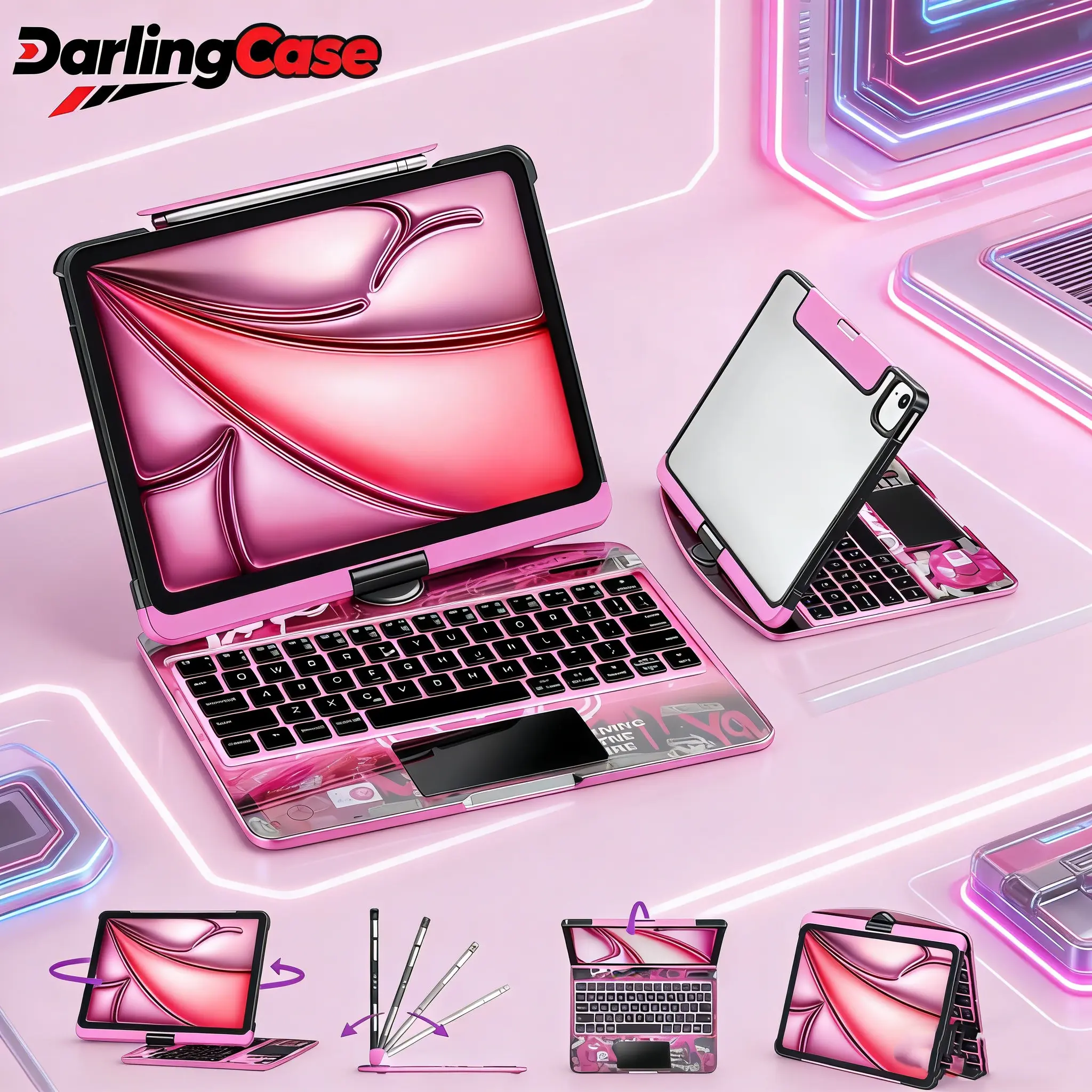 DarlingCase 360° Swivel Y2K Style Transparent iPad Keyboard Case For 10.2in iPad 7th/8th/9th Gen (2019/2020/2021) - Wireless Keycaps, Cyberpunk Digital Design, iPad Tablet Accessories High-Strength Acrylic, Impact-Resistant, Backlit, Pencil Holder
