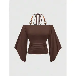 Hippie Vintage Loose Off-Shoulder Wooden Bead Decor Bat-Wing Sleeve Women T-Shirt