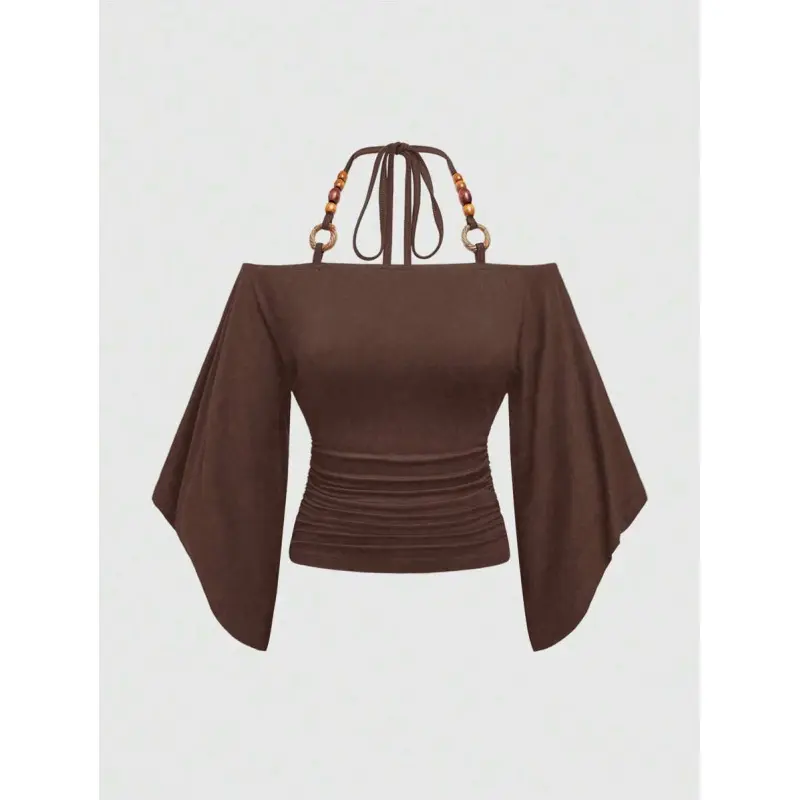 Hippie Vintage Loose Off-Shoulder Wooden Bead Decor Bat-Wing Sleeve Women T-Shirt