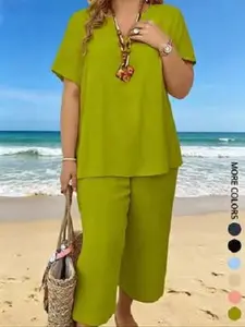 Plus Size 2Pcs Outfit, Women Solid Short SleeveTop & Wide Leg Pants Set, Soft Stylish SummerCasual Suit
