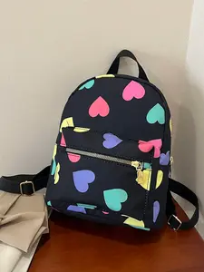 Heart Printed Nylon Mini Backpack - Fashion Minimalist Personalized Travel Pack, School Essential for Women, Girls & Students