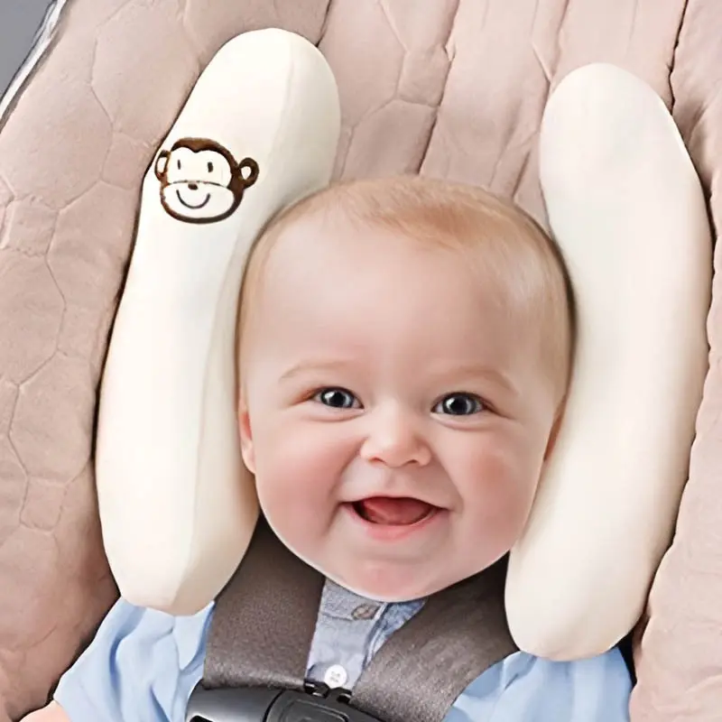 1pc Polyester Fabric Lightweight Printed Cartoon Bear Child Car Seat Headrest-Stroller Neck Support Pillow, Crescent Moon Shape, Detachable, Easy to Clean, Ideal for Travel, Baby Strollers-Car Seats, Ramadan Gift, Travel Size, No