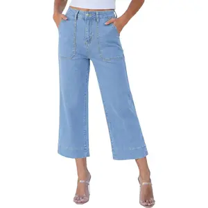 Jeans for Women Wide Leg High Waisted Trendy Summer Patch Pocket Cropped Loose Straight Leg Pants