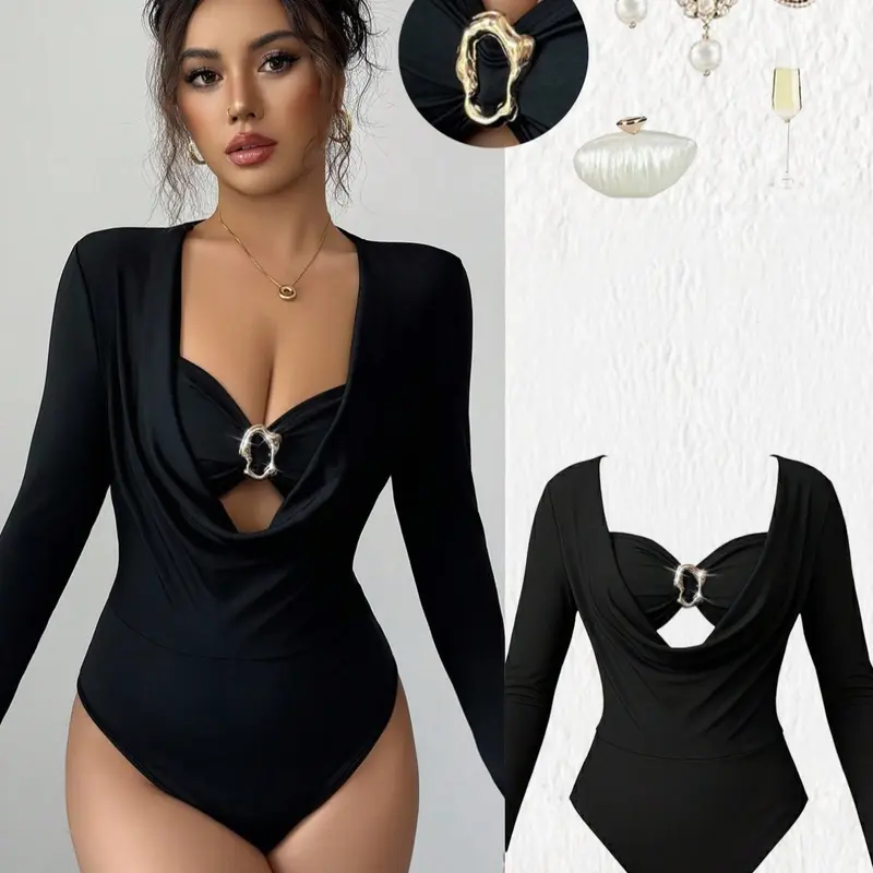 Women's Fall Winter Unique Design Two-Piece Top with Chest Decoration, Fashionable Long Sleeve Underwear and Outer Wear Jumpsuit Bust Bodysuits