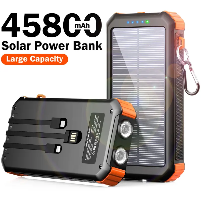 45800mAh Solar Charger Power Bank with 3 Built-in Cables, USB-C Portable Charger with LED Flashlight