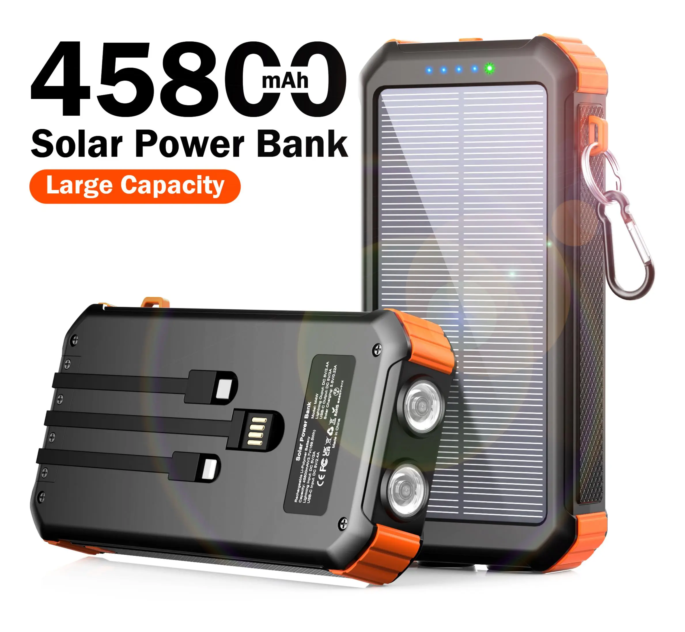 45800mAh Solar Power Bank, Built in 3 Cables Portable Phone Charger with USB C, 5V3.1A QC 3.0 Fast Charging, Compatible with iPhone, Samsung, Google,