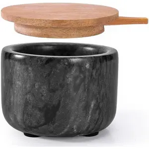 Salt and Pepper Bowl, Marble Salt Cellar and Spices Storage Container With Built-in Spoon and Acacia  Lid - 6.5oz Capacity (Black)
