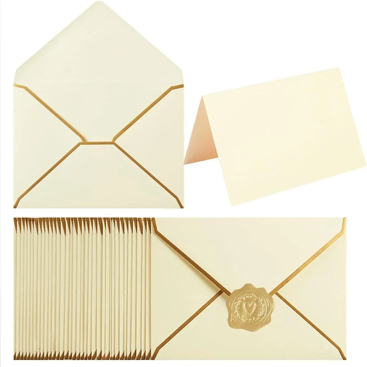 Cream Color 50-Pack Synthetic Blank A7 Envelopes with 5x7 Folded Cards, Border Edge Sealing Stickers - Easy-to-Use Office Stationery for Families, Ideal for Invitations, Weddings, Blank Envelopes