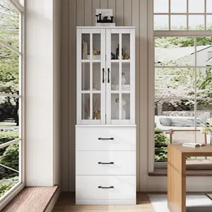 VOWNER Bookcase with Cross Glass Door, 3 Drawer, Modern Storage Cabinet Glass Display Bookshelf for Home Office, Living Room, Bedroom