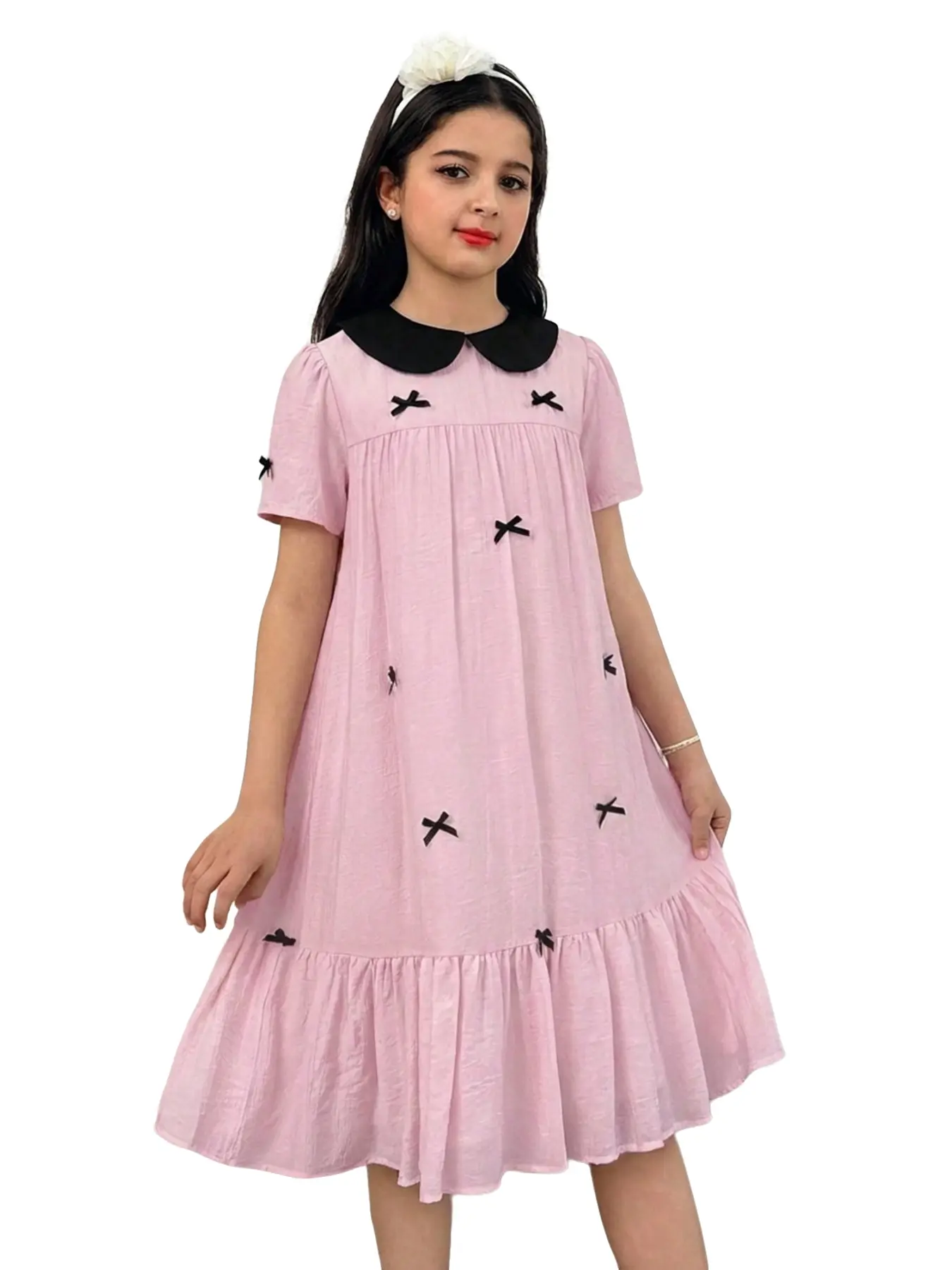 Teenage Girl Summer Korean Style Sweet Dress, Textured Wrinkle Fabric, Peter Pan Collar, Bow Decoration, Midi Dress, Perfect for Outing
