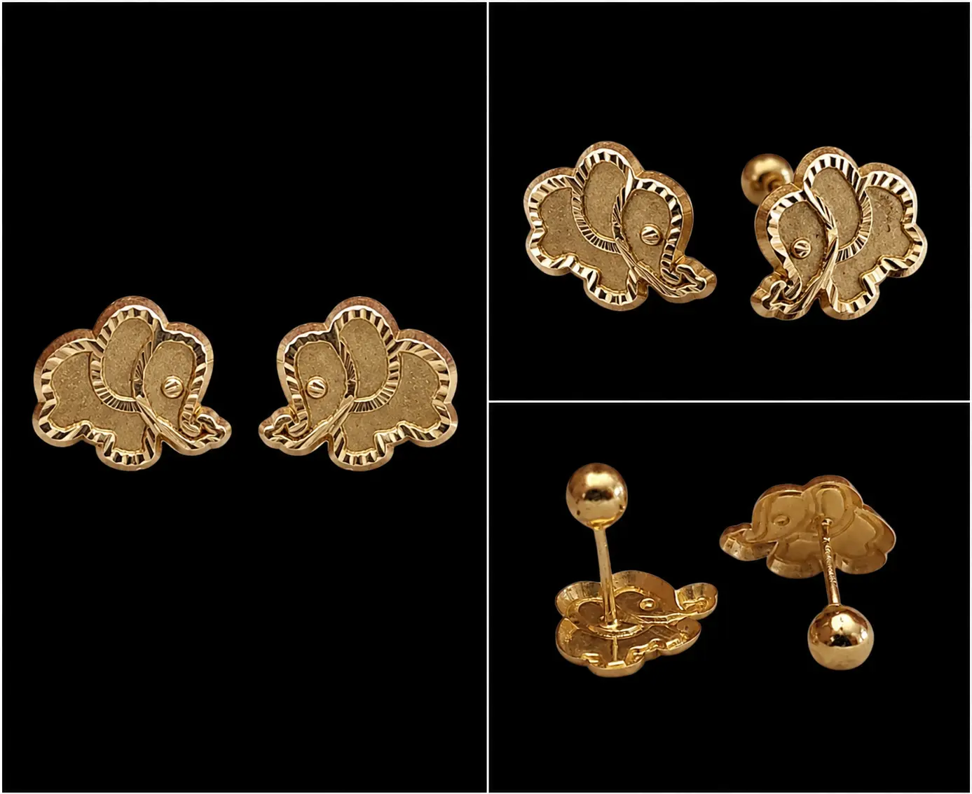 14K Solid Gold Lucky Elephant Diamond-Cut Stud Earrings Tiny Cartilage