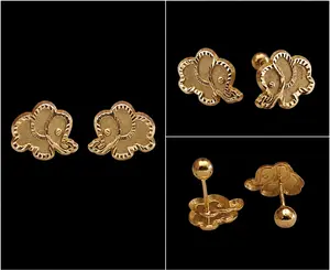 14K Solid Gold Lucky Elephant Diamond-Cut Stud Earrings Tiny Cartilage