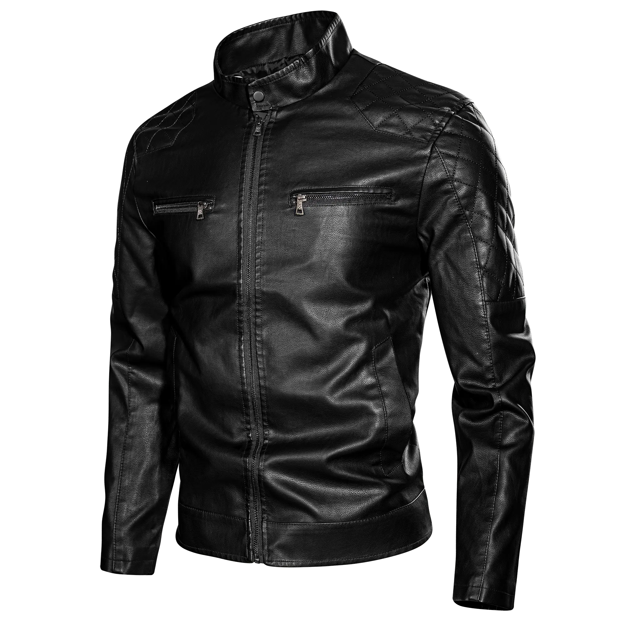 Men’s stand collar motorcycle PU leather jacket, diamond quilted shoulder panels, dual zipper pockets, faux leather riding jacket for spring/autumn backtoschool