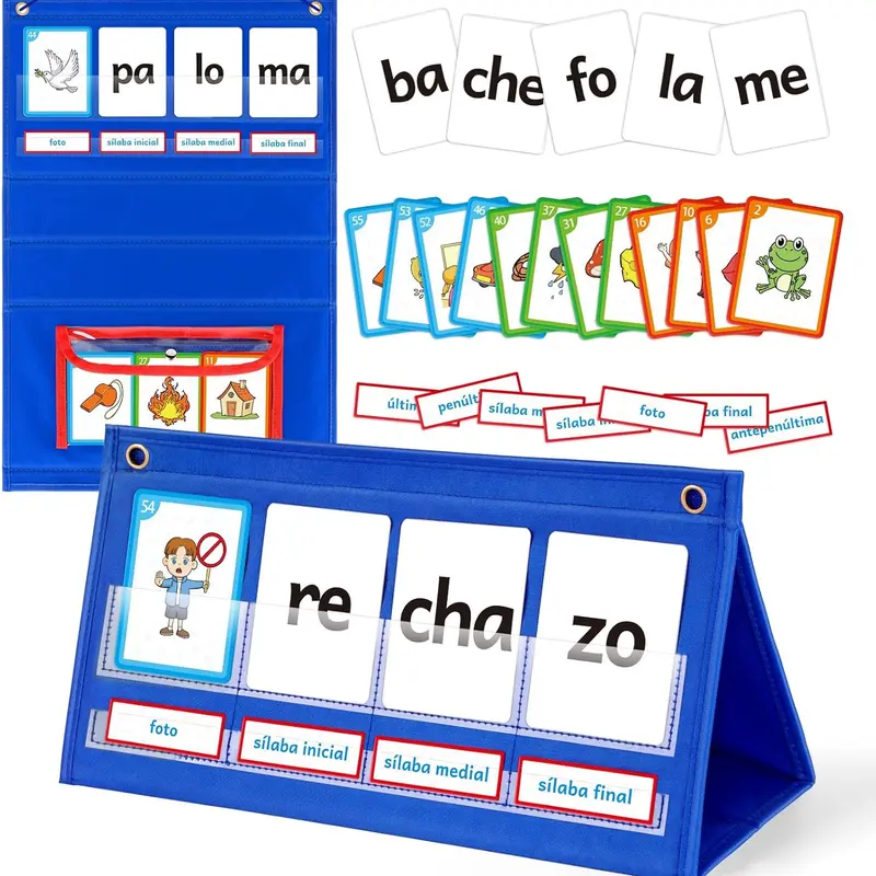 Torlam Spanish Word Building Pocket Chart Learning Tool - Oxford Cloth, Unisex, Foldable Stand, 67 Color-Coded Syllable Flash Cards, 55 Picture Cards, Syllable Swap Game, Vocabulary Spelling Practice Toy for Children Development, Classroom Activities
