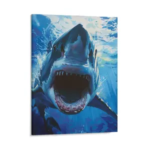 Blue Shark Posters Wall Art Prints Ocean Animal Theme Fish Sharp Teeth Canvas Posters Home Wall Art Family Bedroom Office Decor Aesthetic Festival Gift