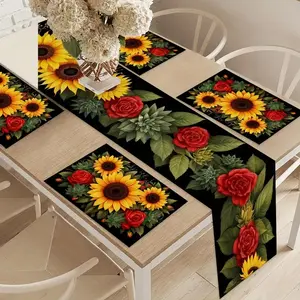 1 piece/5 piece/7 piece set of sunflower, rose flower pattern restaurant runway and placemat set, elegant holiday home decoration, seasonal kitchen decoration, suitable for family parties, indoor and outdoor use, and daily dining