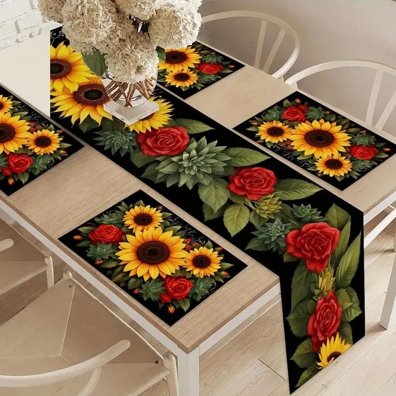 1/5/7pc set of sunflower, rose flower pattern restaurant runway and placemat set, Floral pattern placemat, holiday home decoration, seasonal kitchen decoration, suitable for family parties, indoor and outdoor use, and daily dining, Drink Coasters