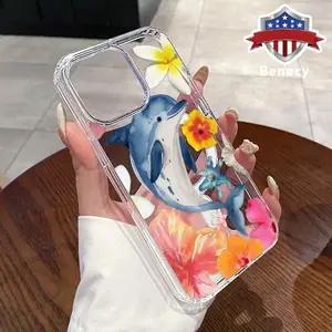 Magnetic Soft Case for iPhone 15 16 14 Pro Max 13 12 11 XR XS Plus E Dolphin in Floral Fantasy Pattern Anti-Yellowing Shockproof ultra-thin Silicone Crystal Transparent Acrylic Large Hole Cover Supports Wireless Charging