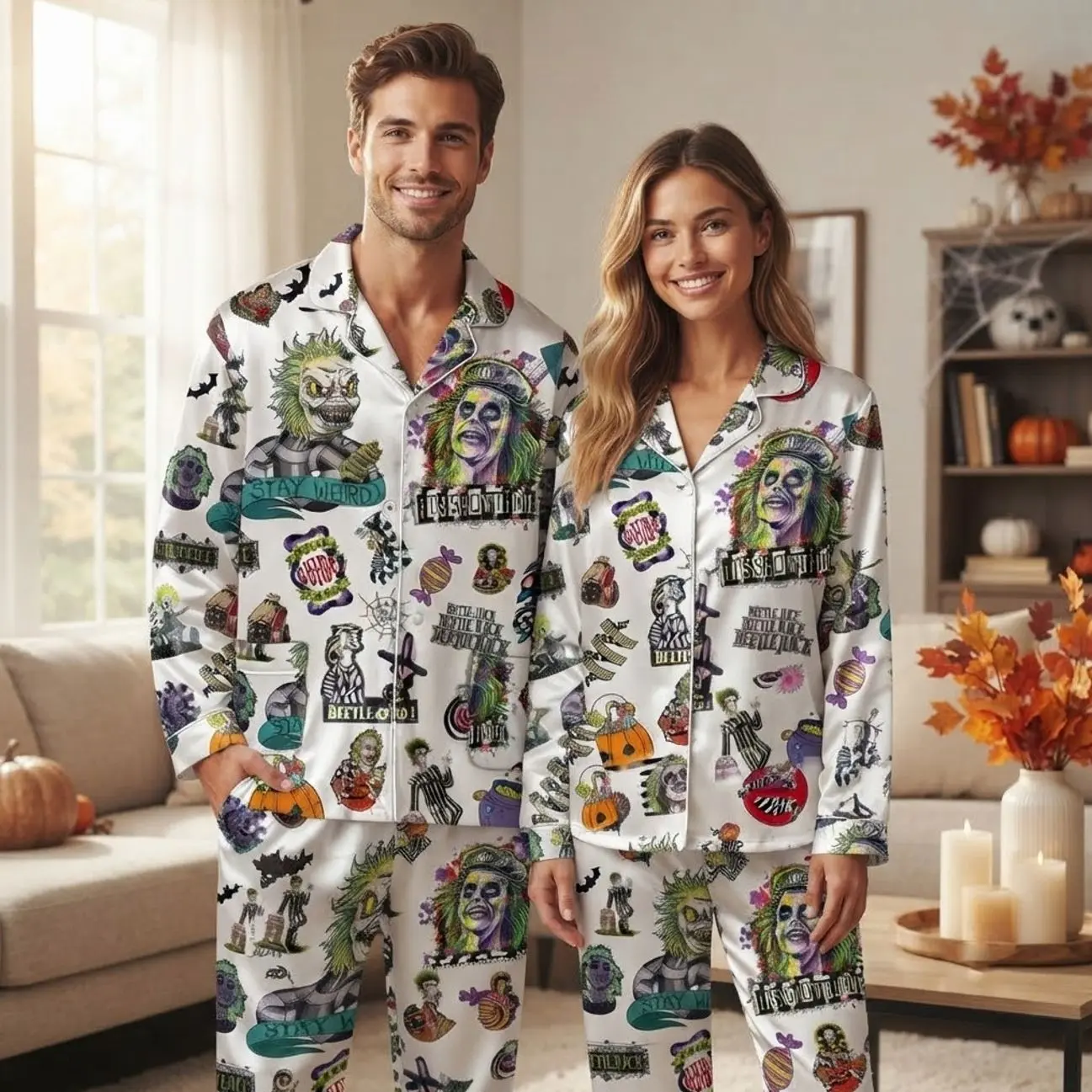Matching Couples Pajamas Set Beetlejuice Print Long Sleeve Satin PJS